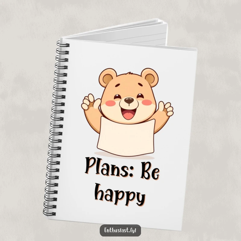Funny bear notebook, showing a happy bear waving a banner with a wide grin, ideal for jotting down happy thoughts.