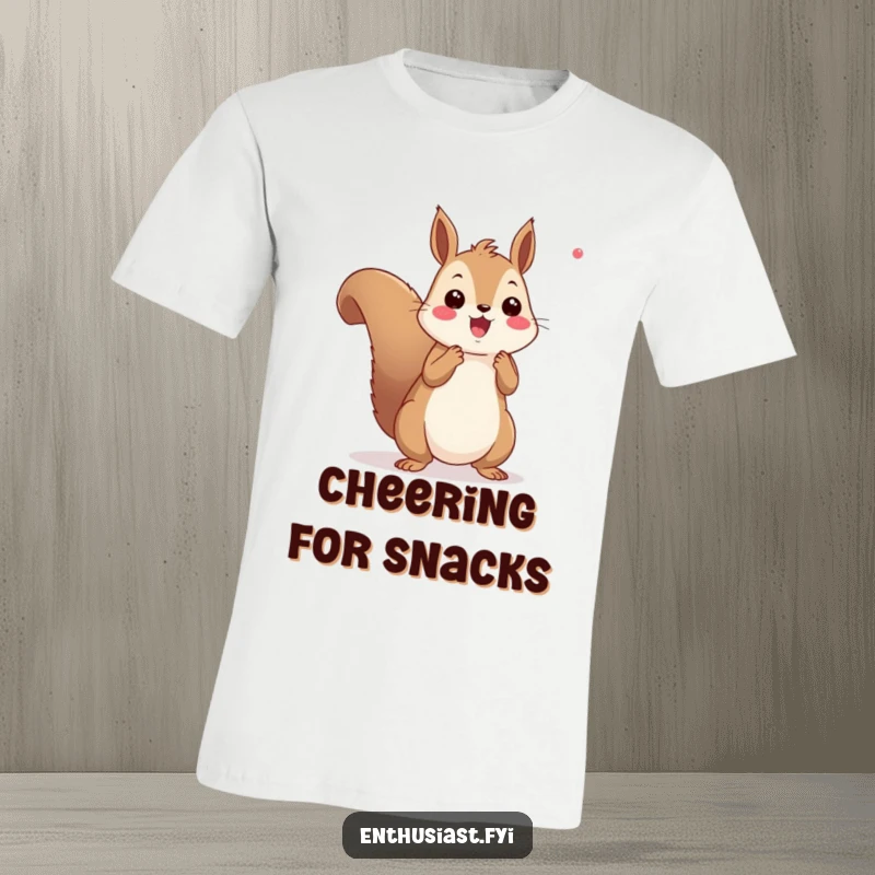 Funny squirrel t-shirt showcasing a cheerful squirrel energetically cheering with tiny pom-poms, symbolizing enthusiasm and fun, a great gift idea.