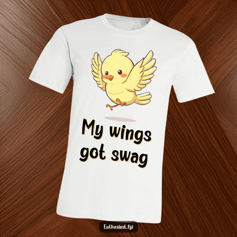 Funny T-Shirt showing a lively bird character joyfully flapping its wings with infectious energy and a happy expression.