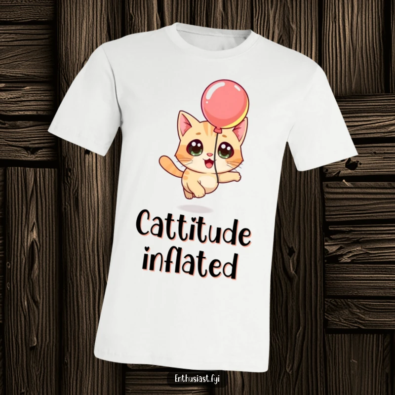 Funny t-shirt with a curious cat character with wide, gleeful eyes chasing a vibrant floating balloon, embodying playful curiosity.
