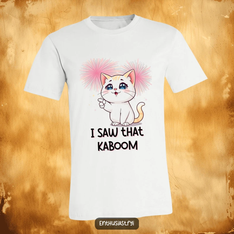 Funny cat t-shirt illustrating a playful cat with wide, sparkling eyes enthusiastically pointing at a spectacular, bursting fireworks display.