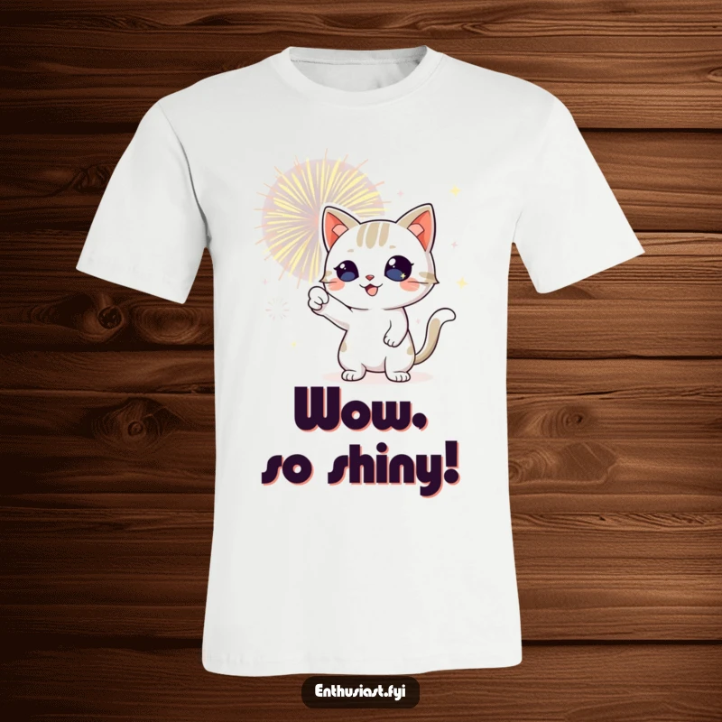 Funny cat t-shirt depicting a playful cat with sparkling eyes, enthusiastically pointing at a brilliant, exploding fireworks display.
