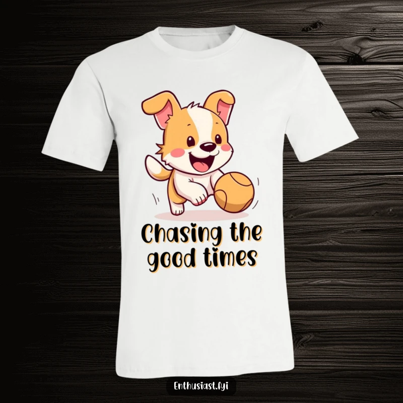 Funny dog t-shirt depicting a happy dog's tail wagging furiously while enthusiastically chasing a bouncing ball, pure energy.