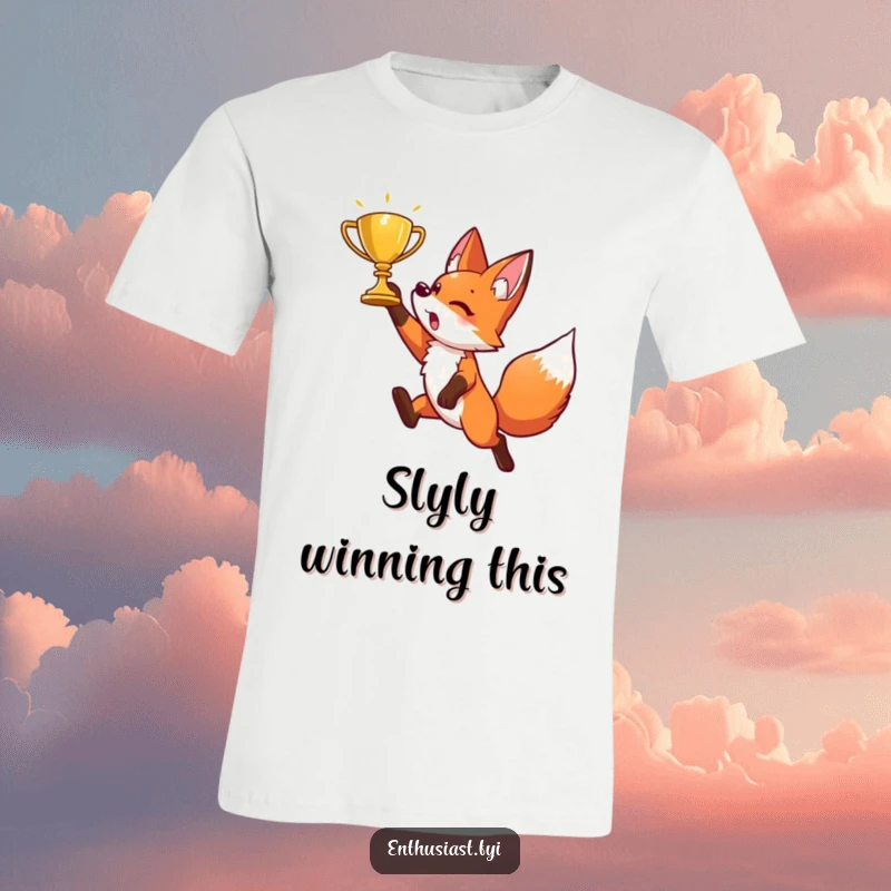 Funny t-shirt depicting an energetic fox character in a playful leap, reaching for a shiny golden trophy, embodying winning spirit.