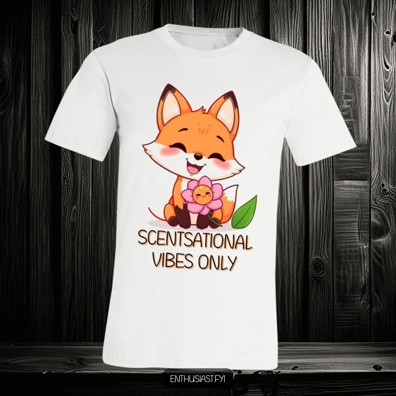 Funny t-shirt with a grinning fox joyfully and enthusiastically sniffing a vibrant flower, showing a delightful and carefree moment.