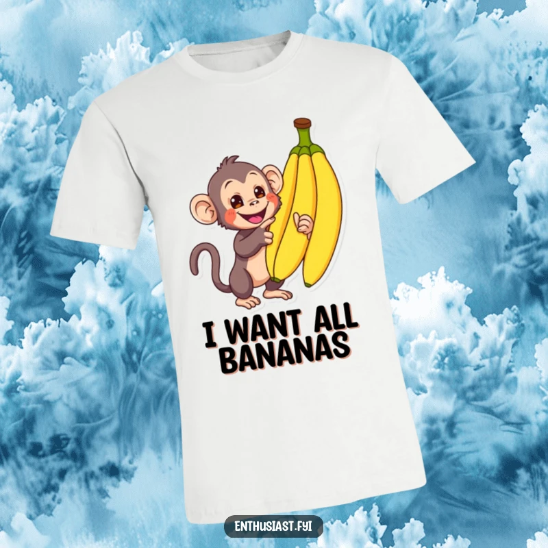 Funny Monkey T-Shirt: A curious monkey excitedly points towards ripe bananas, depicting pure joy and a craving for treats, a great funny gift.