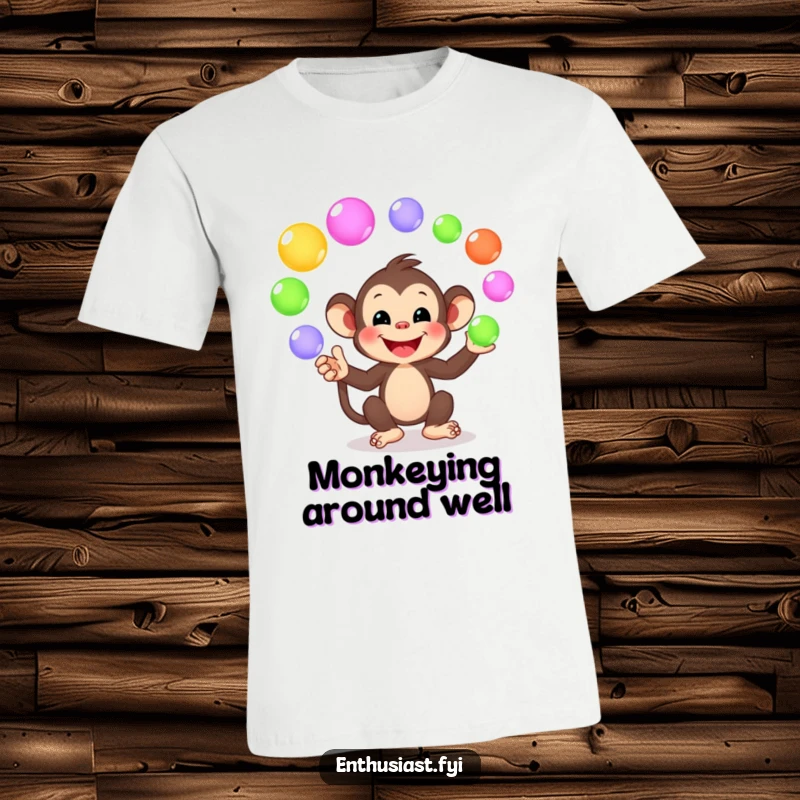 Funny t-shirt with a playful monkey character smiling while juggling colorful, glowing orbs, embodying fun and energetic joy.