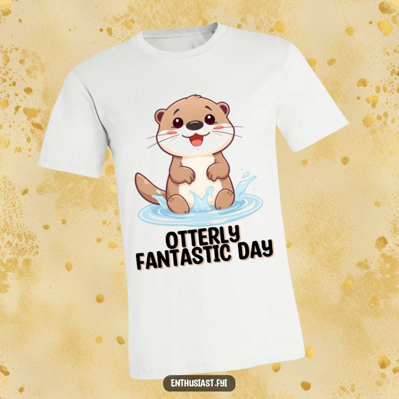 Funny t-shirt showing a happy otter character joyfully splashing and playing in a tiny, sparkling puddle. Whimsical and fun.