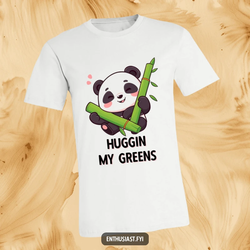 Funny t-shirt depicting a proud panda with a happy sigh, enthusiastically hugging a large bamboo stalk, celebrating peaceful joy.