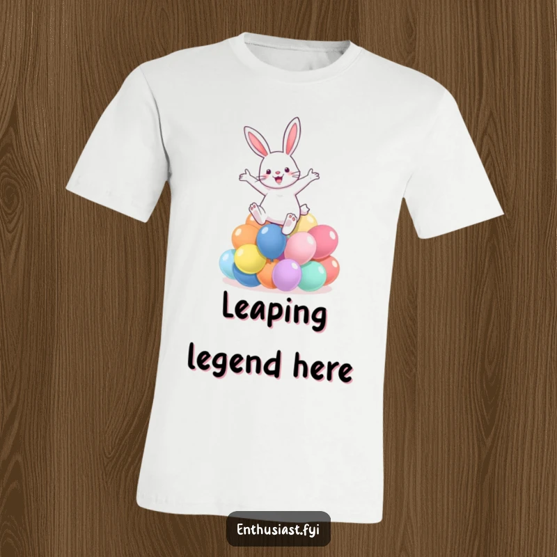 Funny t-shirt featuring a rabbit energetically leaping over a pile of colorful balloons, symbolizing boundless joy.