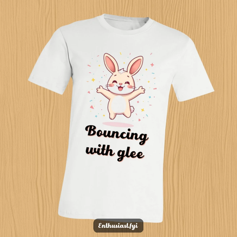 Funny t-shirt featuring a playful rabbit character jumping for joy, surrounded by a burst of sparkling confetti, exuding pure elation.