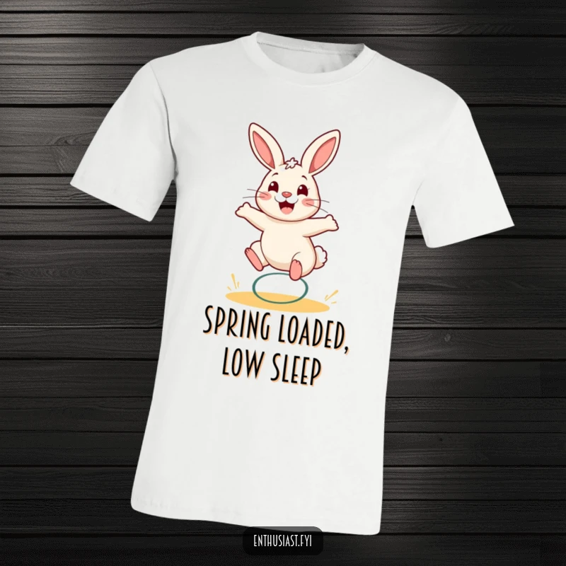 Funny rabbit t-shirt featuring a joyful character mid-bounce on a spring, expressing pure happiness. Great funny gift.