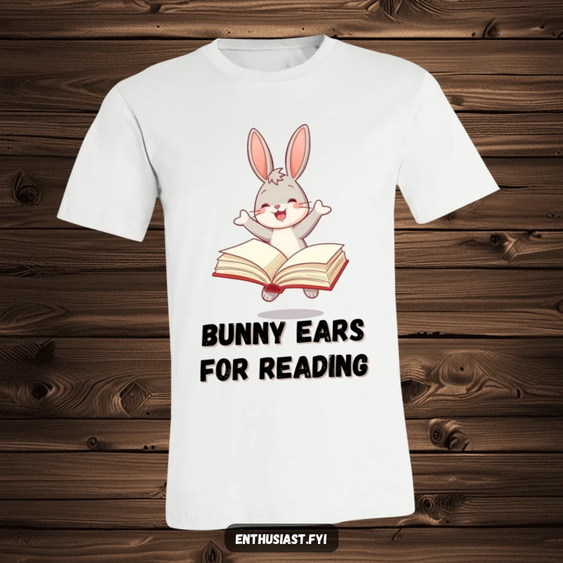 Funny t-shirt showing a joyful bunny happily bouncing while reading a large, open book, embodying literary excitement.