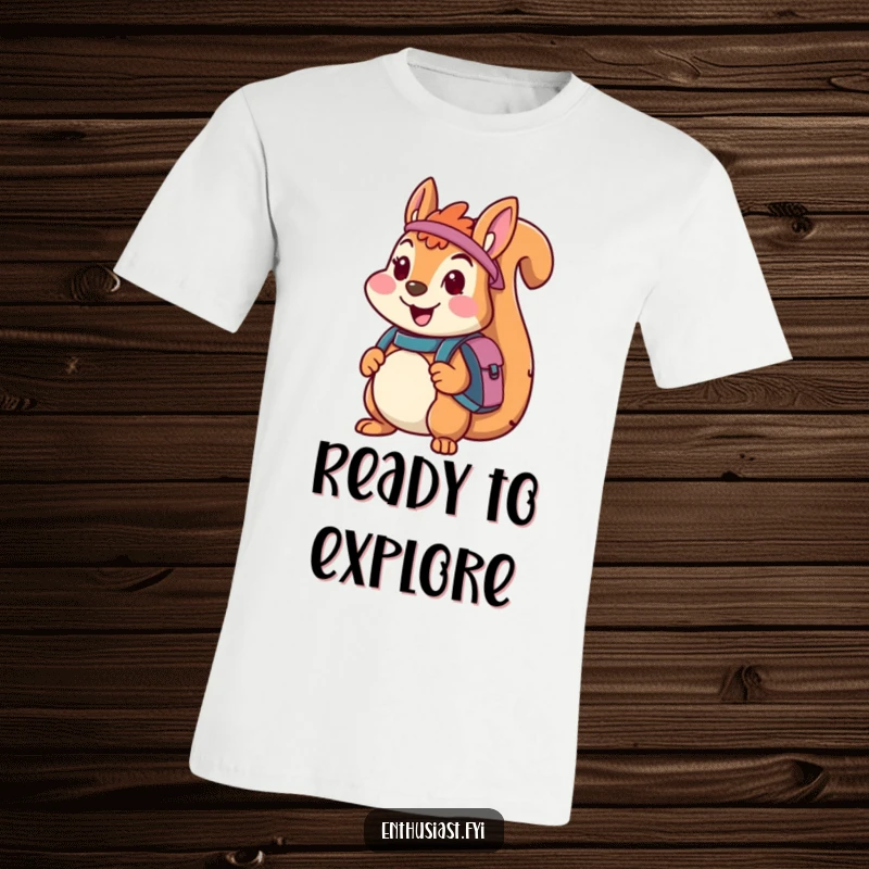 Funny t-shirt featuring a cheerful squirrel character carrying a backpack, poised and ready for an exciting journey or exploration.