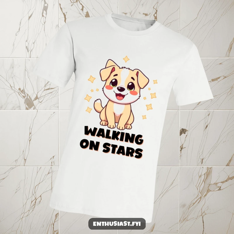 Funny t-shirt with a cheerful dog wagging its tail enthusiastically, surrounded by twinkling stars, a symbol of happiness.