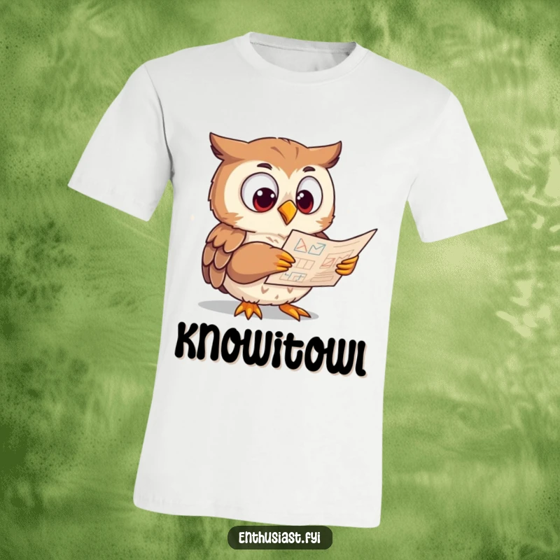 Funny T-Shirt showcasing an eager owl with wide eyes studying a complex diagram, a humorous tribute to intelligence.