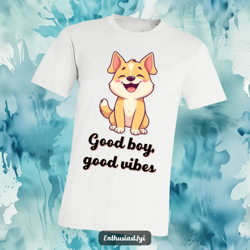 Funny dog t-shirt with a happy character barking and wagging its tail, perfect for dog enthusiasts.
