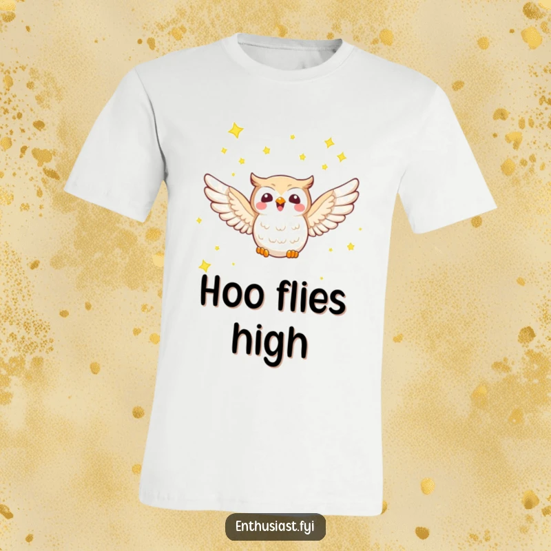 Funny t-shirt with a joyful owl character soaring through a starry sky, embodying freedom and nocturnal beauty.