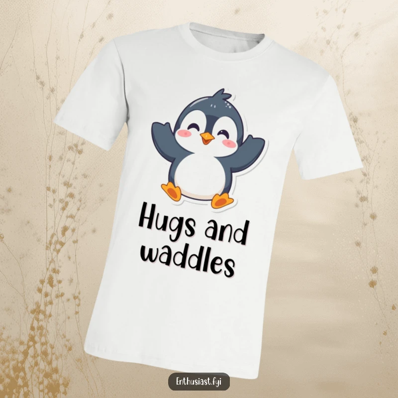 Funny t-shirt with a playful penguin character energetically waving both flippers, embodying enthusiasm and a friendly, joyful spirit.