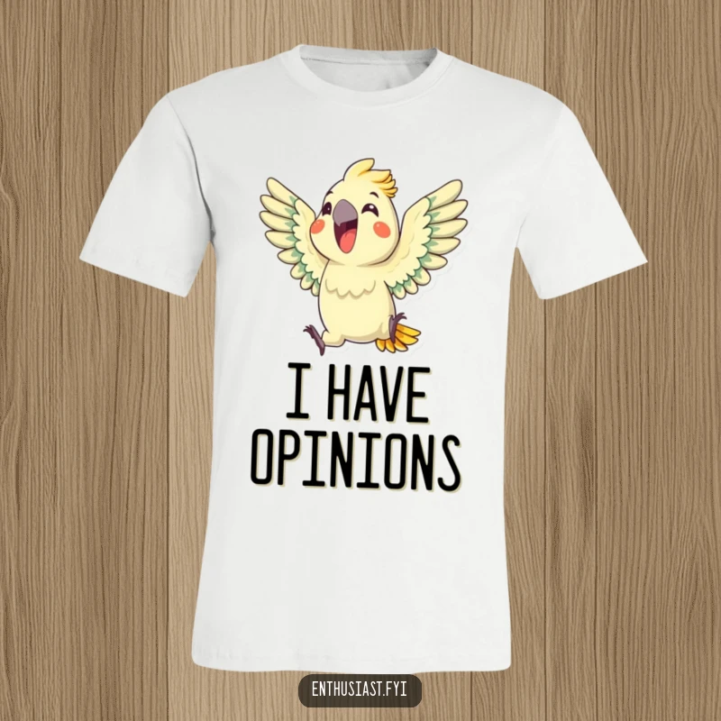 Funny Parrot T-Shirt: An excited parrot squawks loudly with wings outstretched, showcasing boundless energy and tropical flair, a great funny gift.