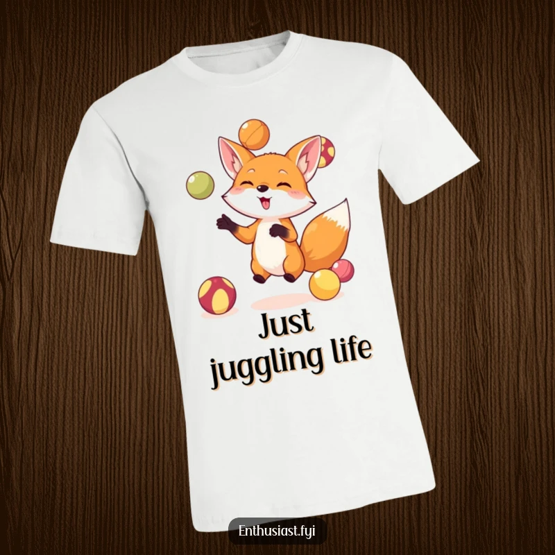 Funny fox t-shirt showcasing a small, energetic fox skillfully juggling colorful balls, radiating pure joy and playful skill, a great gift idea.