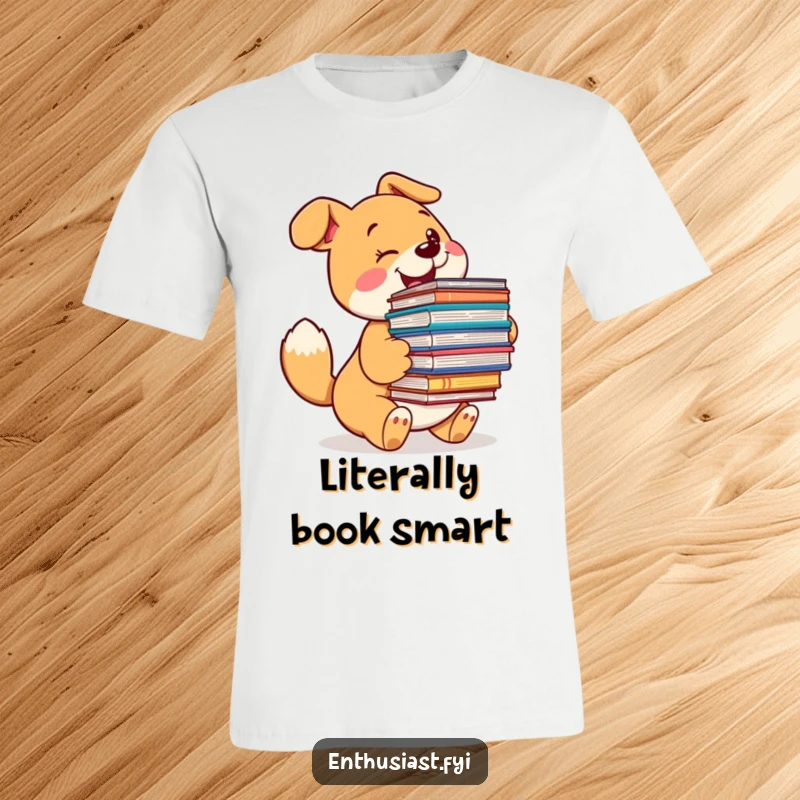 Funny dog t-shirt featuring a joyful dog with a wagging tail, gleefully holding an enormous pile of books, a reader's dream.