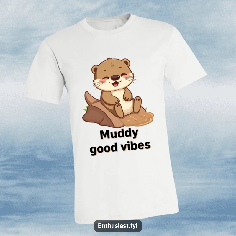 Funny t-shirt of a playful otter joyfully sliding down a small, muddy incline, capturing a moment of pure playful bliss.