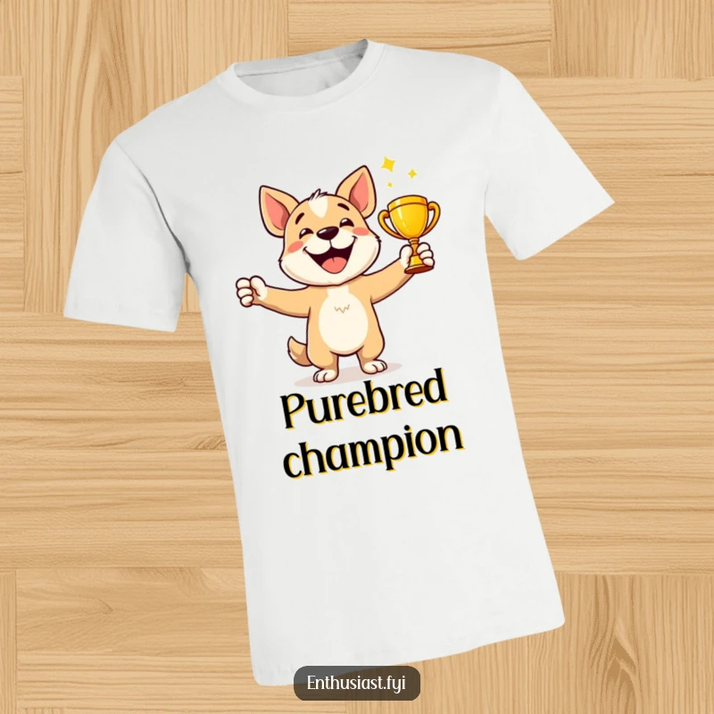 Funny T-Shirt: Happy dog character joyfully celebrates holding a shiny trophy with arms wide open.
