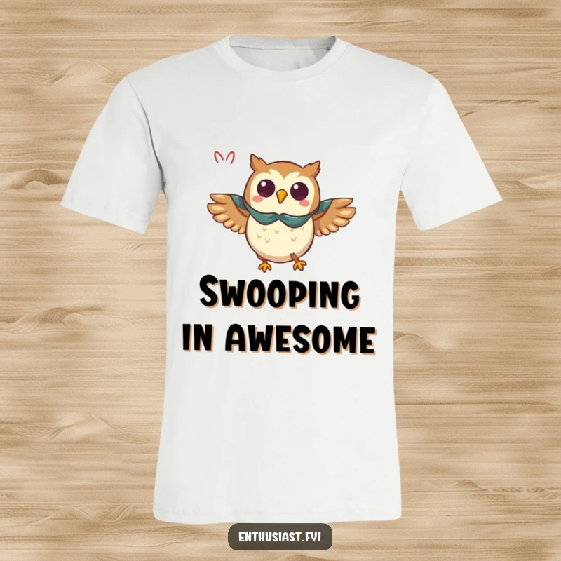 Funny owl t-shirt, a triumphant owl wearing a cape flying enthusiastically, representing courage and fun.