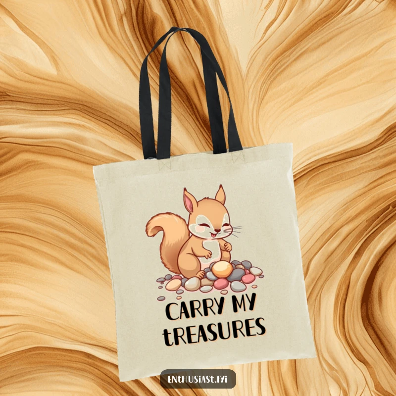 Funny squirrel tote bag, depicting an energetic squirrel enthusiastically collecting a pile of shiny pebbles. Great humorous and practical gift.