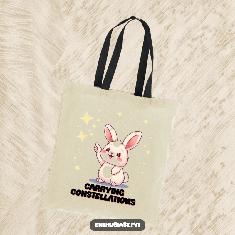 Funny tote bag with a fluffy bunny excitedly pointing at a magnificent sky full of numerous stars.