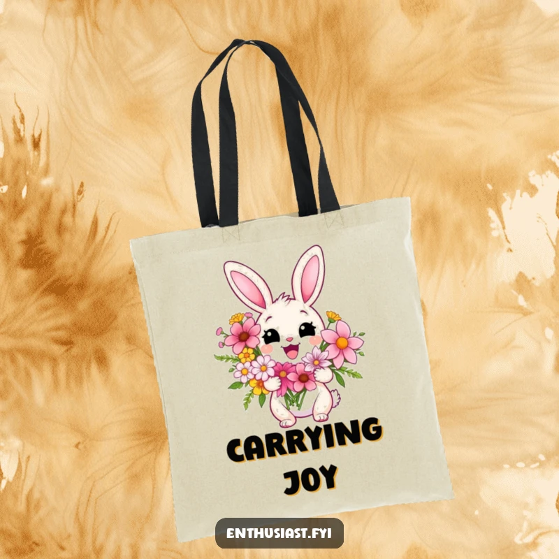 Funny tote bag featuring a delighted rabbit character holding a vibrant bouquet of flowers, perfect for carrying items with a happy and cheerful aesthetic.