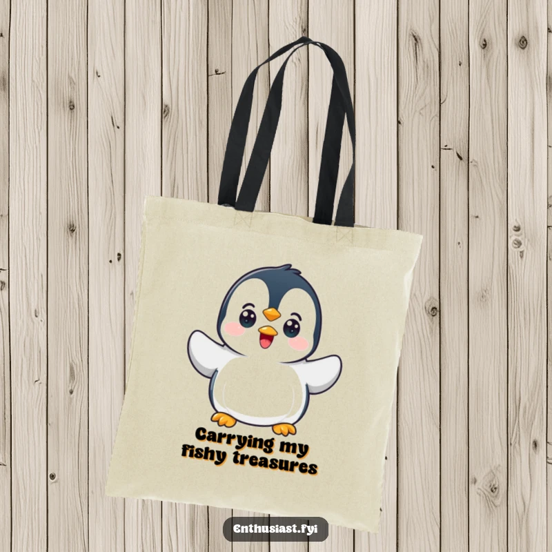 Funny penguin tote bag showing a character waving with excitement, perfect for carrying daily items.