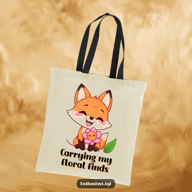 Funny tote bag with a happy, grinning fox enthusiastically smelling a vibrant flower, perfect for carrying groceries with a smile.
