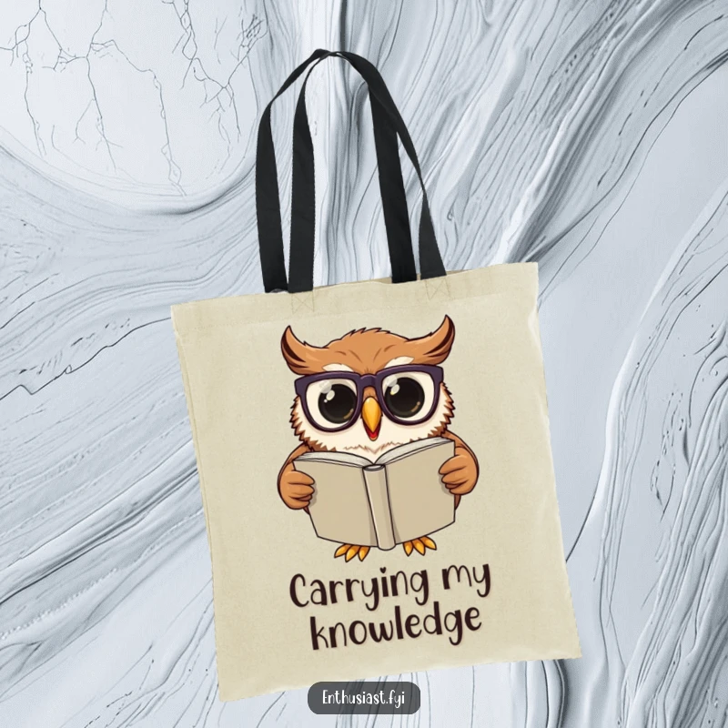 Funny Tote Bag: Excited owl wearing oversized glasses, engrossed in reading a large book, perfect for carrying books and essentials.