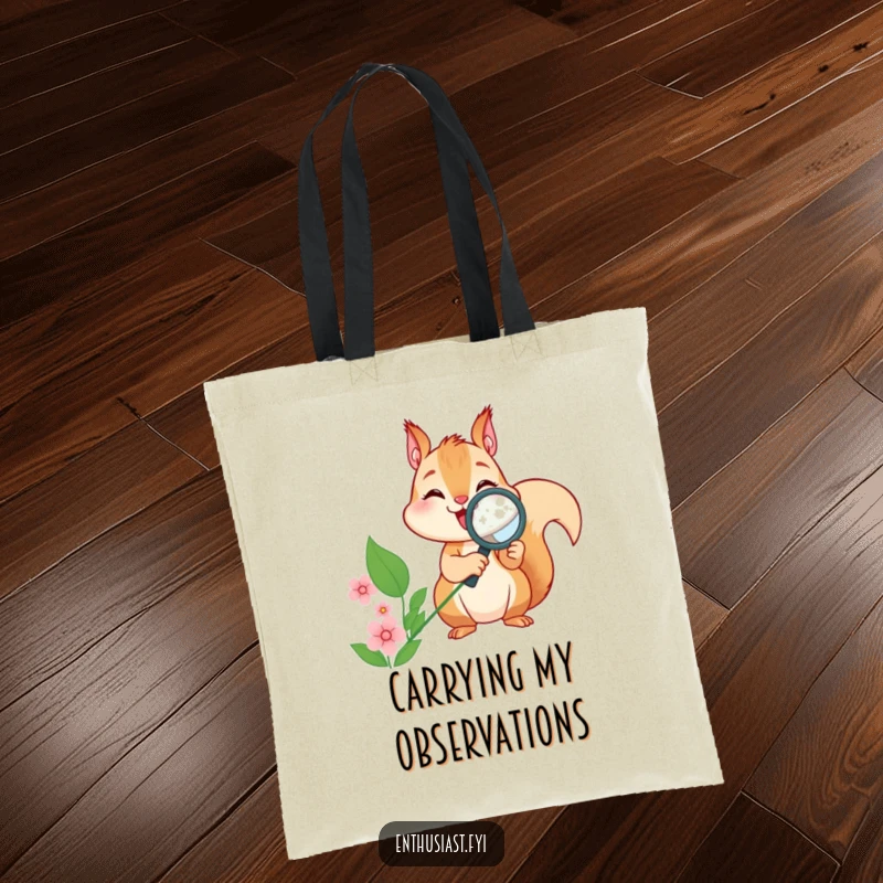Funny squirrel tote bag, peering through a magnifying glass at a flower, a humorous and practical accessory.