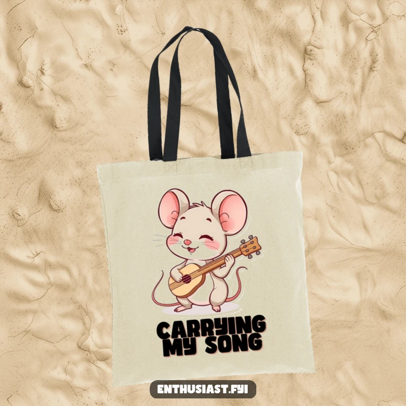 Funny mouse musician tote bag shows a spirited mouse playing a cheerful instrument, perfect for carrying music-related items.