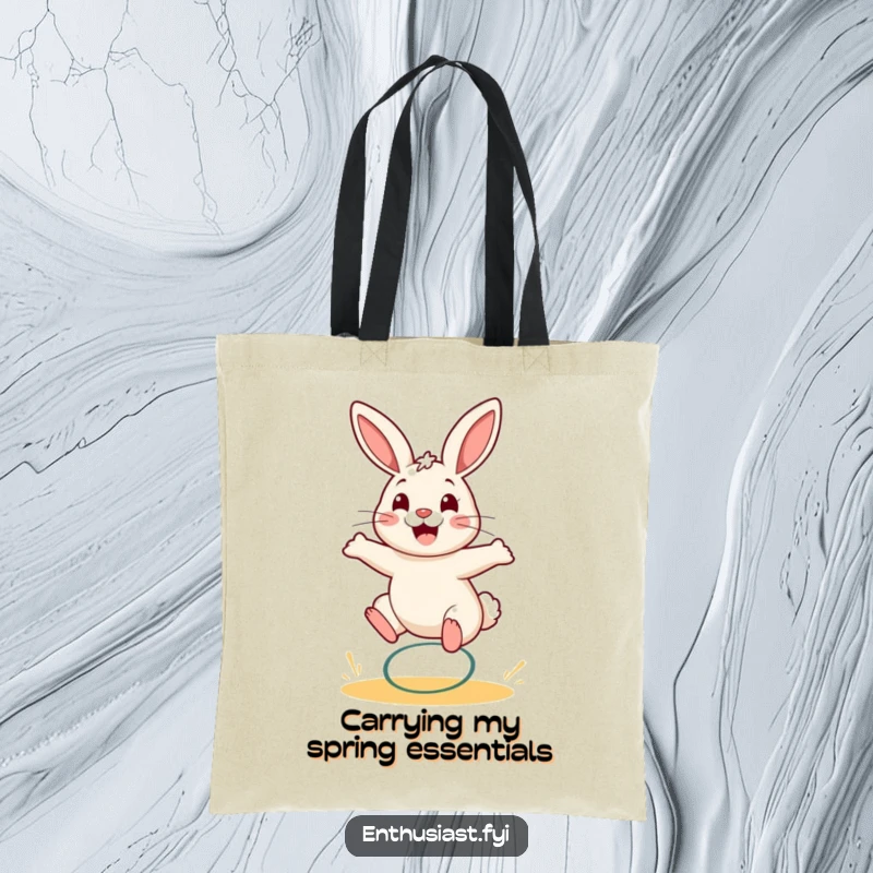 Funny rabbit tote bag depicting a smiling bunny leaping high on a spring, full of energy.