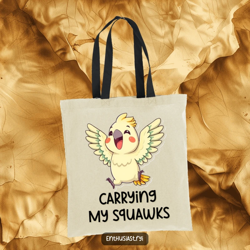 Funny Parrot Tote Bag: An enthusiastic parrot squawks with wings outstretched, ideal for carrying treasures with tropical style, a funny gift.