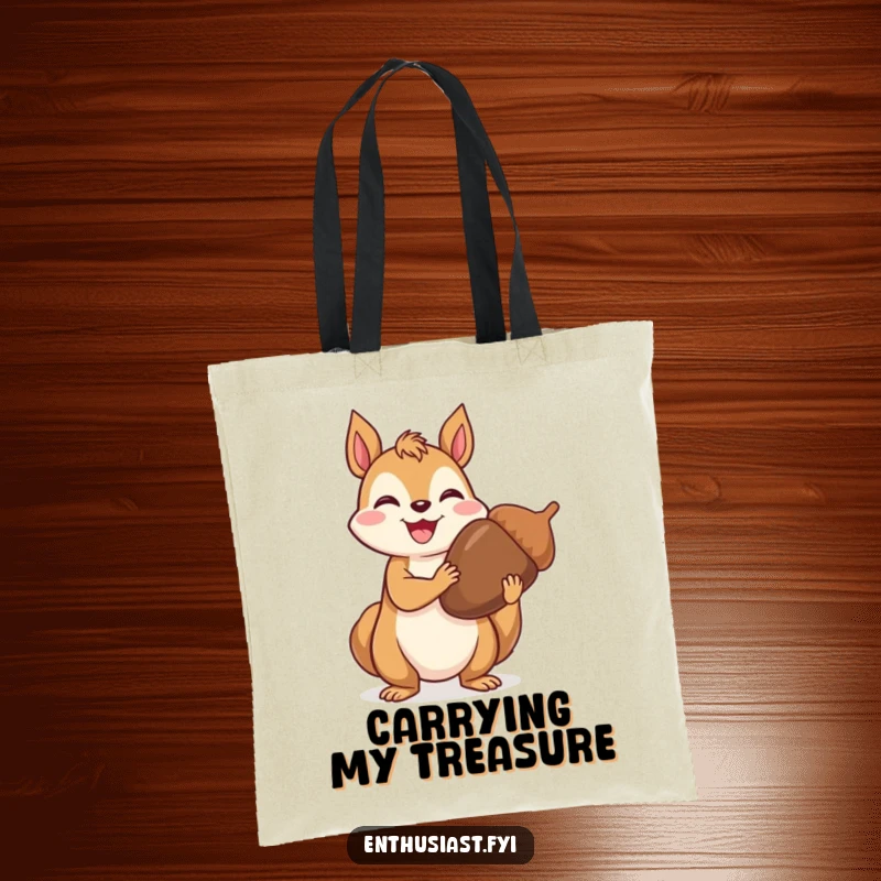 Funny Tote Bag: Joyful squirrel proudly holding an extra large acorn, perfect for carrying groceries or essentials with a natural theme.