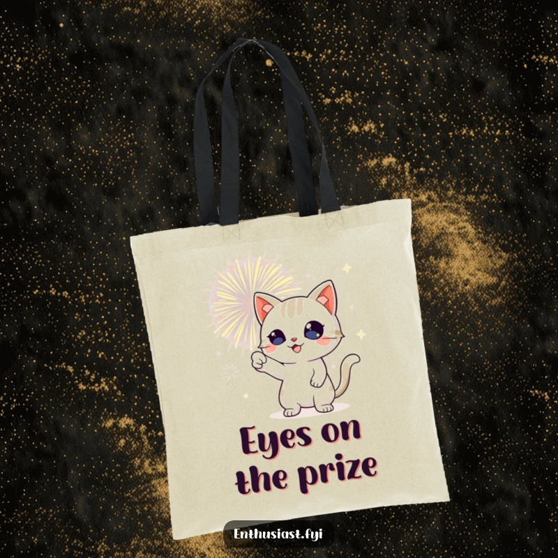 Funny cat tote bag featuring a playful cat with sparkling eyes, pointing excitedly at a grand fireworks spectacle.