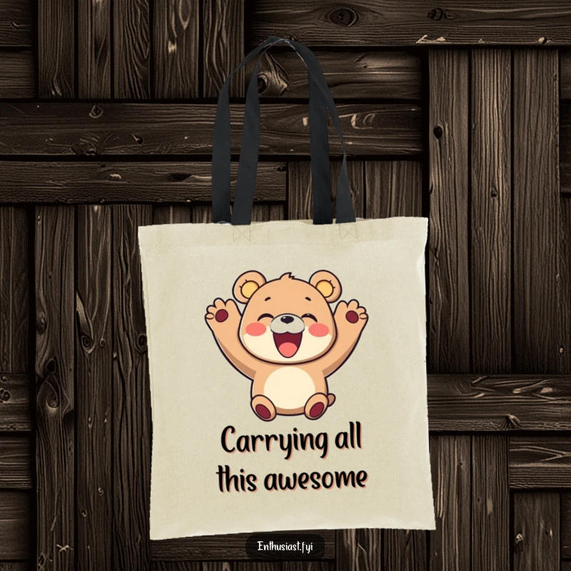 Funny tote bag featuring a delighted bear character with paws up and a wide smile, celebrating joy. Practical and humorous.