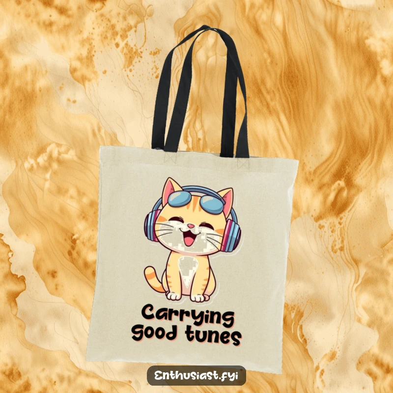Funny Tote Bag: Cheerful cat with oversized headphones, bobbing head to music, perfect for music lovers.