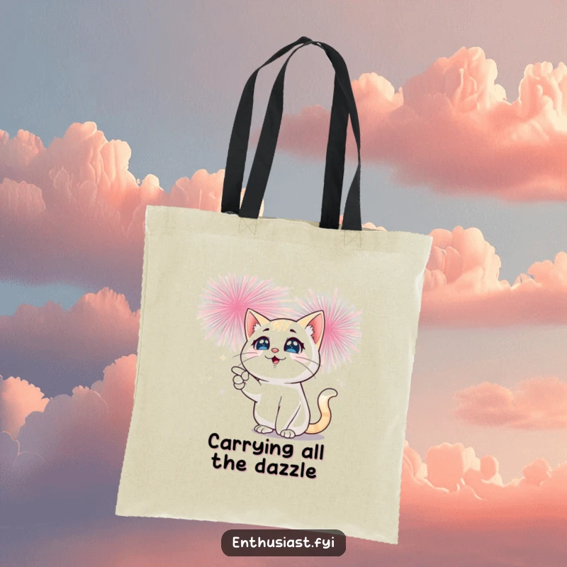 Funny cat tote bag designed with a playful cat's sparkling eyes pointing towards a magnificent, bursting fireworks spectacle overhead.