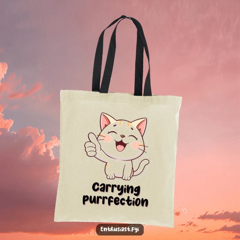 Funny tote bag with a happy cat giving an enthusiastic thumbs-up, signifying approval and a cool, laid-back style.
