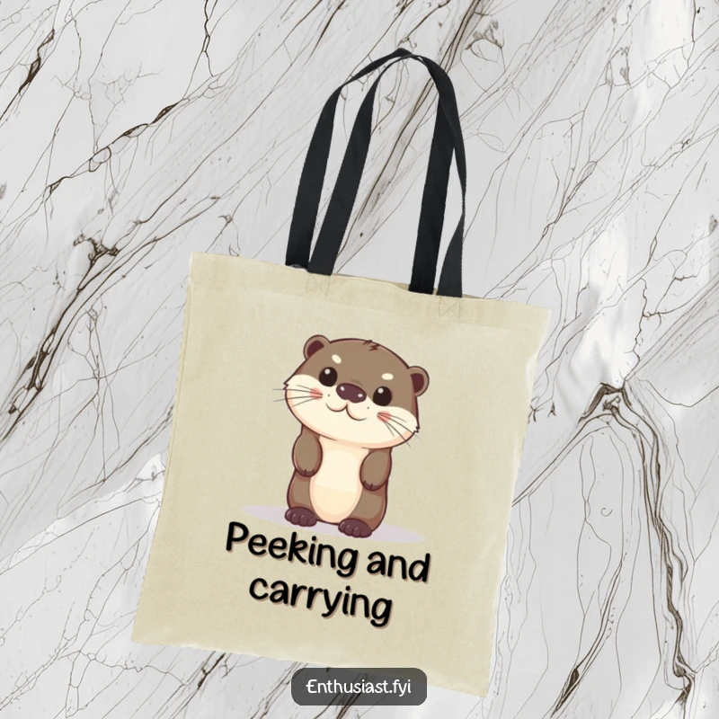 Funny otter tote bag illustrating a curious character peeking from behind an object. Humorous and practical.