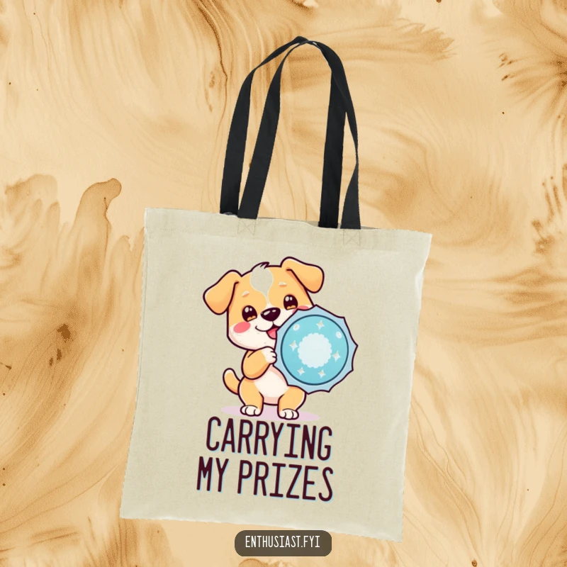 Funny tote bag with a cute dog character wagging its tail and holding a large, sparkling badge, perfect for pet enthusiasts.