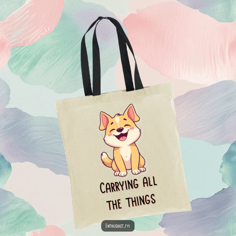 Funny dog tote bag with a character barking joyfully and tail wagging, perfect for daily use.