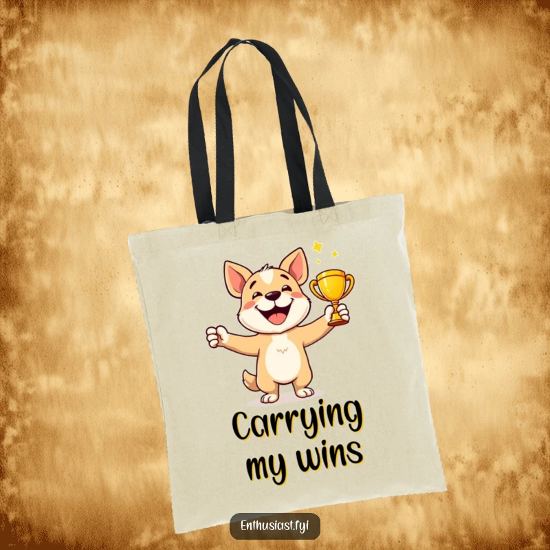 Funny Tote Bag: Happy dog character celebrates holding a shiny trophy, perfect for carrying wins.