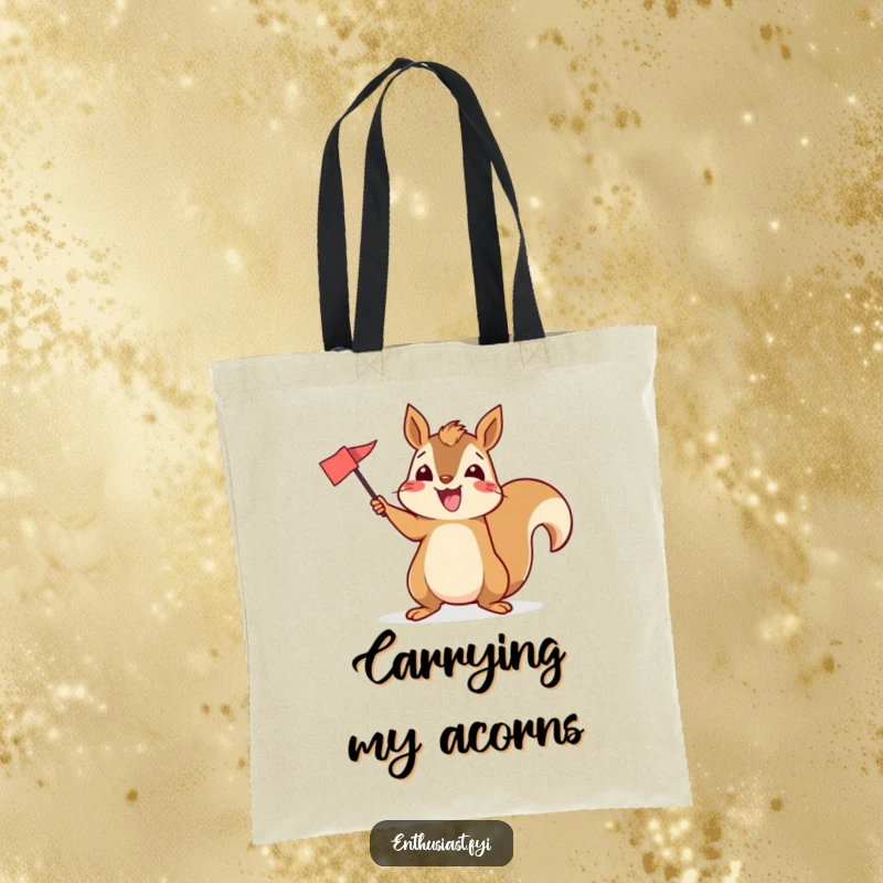 Funny tote bag with an excited squirrel enthusiastically waving a small flag, perfect for carrying daily items with flair.